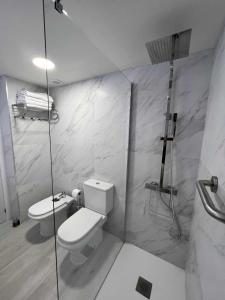 拉皮内达Mediterranea Loft New的一间带卫生间和玻璃淋浴间的浴室