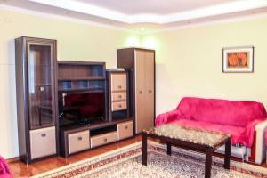 阿拉木图Tolebaeva 65的客厅配有红色沙发和平面电视