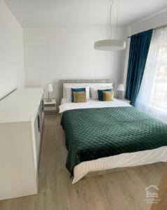 比尔扎伊Apartamentai Biržuose, Cozy Modern Bungalows的一间卧室配有一张带绿毯的大床