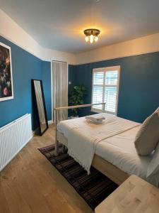 切斯特Hoole House- Bright and modern 2 bedroom house, close to Chester train station and the City Centre的一间卧室配有一张带蓝色墙壁的大床