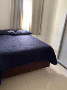 伊列乌斯Apartamento completo Ilheus的一间卧室设有蓝色的床和窗户。