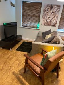 赫里福德Ground floor apartment, central location with free parking的客厅配有沙发和墙上的狮子