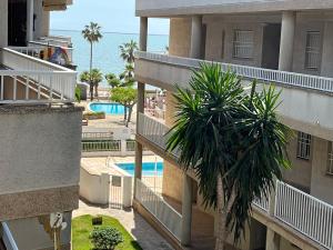 圣卡洛斯拉腊皮塔Vila del far的公寓大楼拥有棕榈树和游泳池