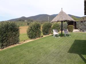 卡斯蒂里昂纳·德拉佩Monolocale con giardino的草坪上两把椅子和一把伞