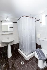 托隆Hotel Thetis的带淋浴、卫生间和盥洗盆的浴室