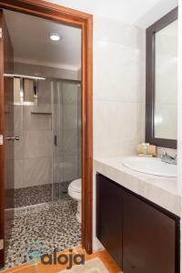 坎昆Apartamento amplio en zona ideal a 5min de WALLMART的带淋浴、盥洗盆和卫生间的浴室