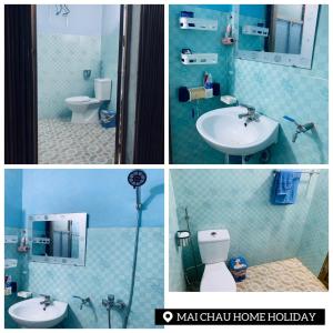 枚州县Mai Chau Home Holiday的带卫生间和水槽的浴室的三幅图片