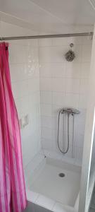 拉罗谢尔Maison de vacances familiale的带淋浴和粉红色浴帘的浴室
