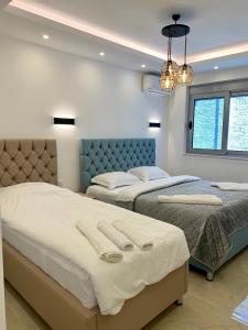 乌尔齐尼Villa Cellesina的一间卧室配有两张床和吊灯。