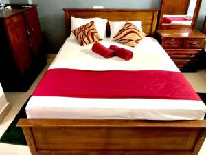贾夫纳亚尔小镇酒店的床上有两个红色枕头的床