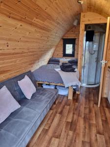 HarloshLochview Pods的小木屋内带沙发的客厅