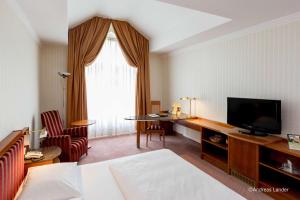 马格德堡马格德堡多林特黑勒克鲁阁公园酒店的酒店客房配有一张床和一张书桌及一台电视