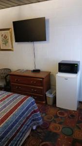 伊利White Pine Motel的卧室配有一张床,墙上配有电视。