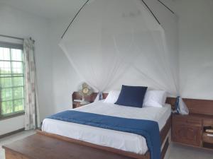 纳卡拉Sea and sun的一间卧室配有一张带蓝色枕头的床和窗户