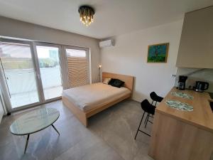 卡托维兹Kima Apartament Bażantów 29的配有床和桌子的房间以及厨房