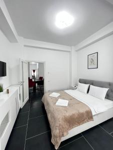苏恰瓦Cozy Aparthotel - Central City Suceava的白色卧室配有一张大床和一张书桌
