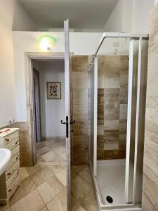 圣特奥多罗Appartamento La Conchiglia a pochi passi dal centro的带淋浴的浴室和玻璃门