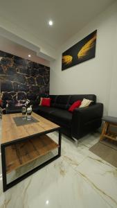 皮兰Diamond Apartment Piran FREE PARKING的客厅配有黑色沙发和桌子