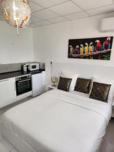 马罗尼河畔圣洛朗Hello-Guyane, Marina 5, Studio Prestige 5 étoiles的白色卧室设有白色的床和厨房
