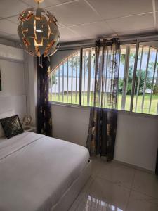 马罗尼河畔圣洛朗Hello-Guyane, Marina 5, Studio Prestige 5 étoiles的一间卧室配有一张床、吊灯和窗户。