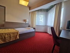 波兹南叶丽涅茨酒店的酒店客房,配有床铺和红地毯