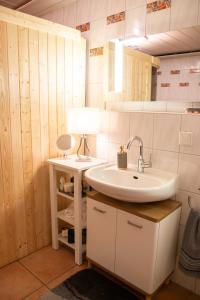 奥尔珀Apartment DaVinci - Sauna, Kamin, Garten, E-Bikes的一间带水槽和台灯的桌子的浴室