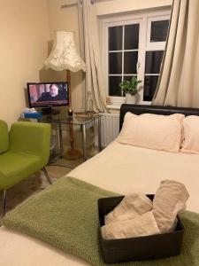 克罗伊登Cozy Homestay的一间卧室配有一张床、一台电视和一把椅子