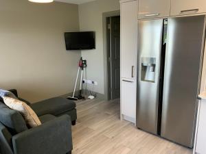 戈尔韦Small,smart,tidy 2 bed apartment的带沙发和冰箱的客厅