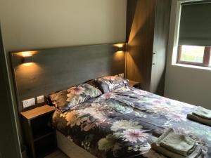 戈尔韦Small,smart,tidy 2 bed apartment的一间卧室配有一张带木制床头板的床