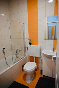 武科瓦尔Apartman Tena的一间带卫生间和水槽的浴室