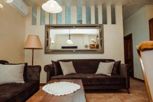 帕利克Aquapalic Resort的客厅配有棕色的沙发和镜子