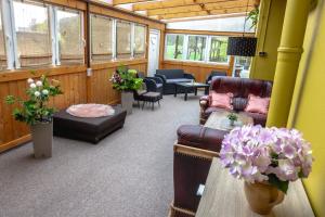 萨勒河畔瑙姆堡Pension Village的带沙发、椅子和鲜花的等候室