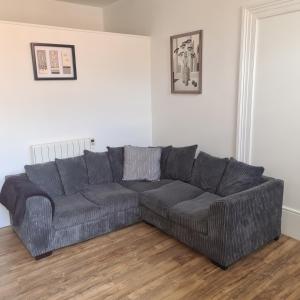 特伦特河畔伯顿Cozy apartment in Burton town centre的客厅铺有木地板,配有灰色沙发。
