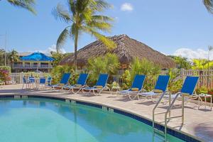 基拉戈拉哥岛万怡酒店的一组蓝色椅子和一个游泳池