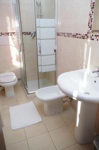 米兰中央酒店的浴室配有卫生间、盥洗盆和淋浴。