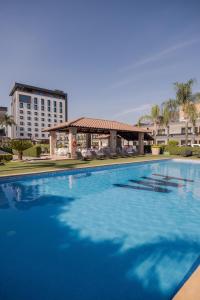 瓜达拉哈拉马里布酒店的一座蓝色的大型游泳池,其建筑背景为: