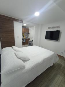 波帕扬apartaestudio con 2 camas cerca al centro y parqueadero GRATIS的卧室配有白色的床和平面电视。