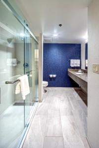 萨拉索塔Fairfield by Marriott at Lakewood Ranch - Sarasota的一间带玻璃淋浴和卫生间的浴室