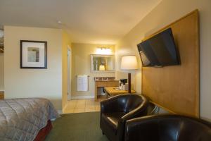 阿尔马高山汽车旅馆的酒店客房配有一张床、一把椅子和一台电视。