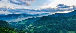 耶塞尼采Dwarfs cabin overlooking Julian Alps near Bled的享有树木和山脉的山谷美景