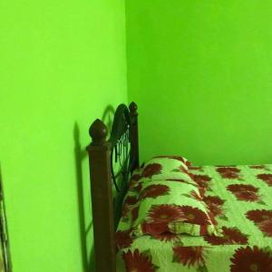 大港Hijau Homestay的绿色卧室,配有一张带绿色墙壁的床