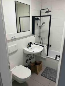 威斯巴登Wunderschöne 1-Zimmer Wohnung的白色的浴室设有卫生间和水槽。