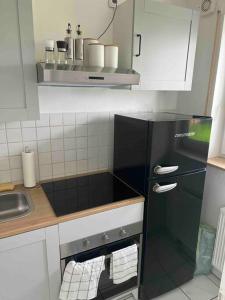 威斯巴登Wunderschöne 1-Zimmer Wohnung的厨房配有黑色冰箱和水槽