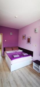 卡赞勒克Rose valley guest house的一间卧室设有一张紫色墙壁的大床