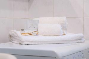 都灵Casa Spezia - Metro Vicina, Wi-Fi Rapido & Netflix的洗衣机上堆着的毛巾