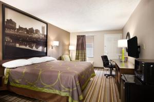 杰克逊杰克逊速8汽车旅馆的酒店客房设有一张床、一张书桌和一台电视机。
