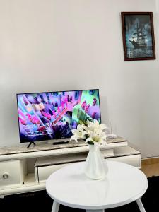 坎帕拉Elvina Home Buziga的电视机前的桌子上花瓶