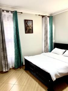 坎帕拉Elvina Home Buziga的一间卧室配有一张带绿色窗帘的大床