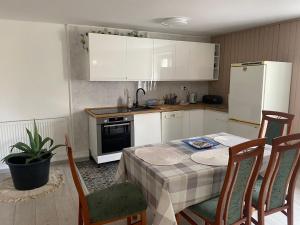 科瓦雷Petit Appartament的厨房配有桌椅和冰箱。