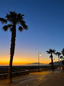 塔里法TarifaMiCasa Mar Tirreno的日落时分棕榈树和街道灯